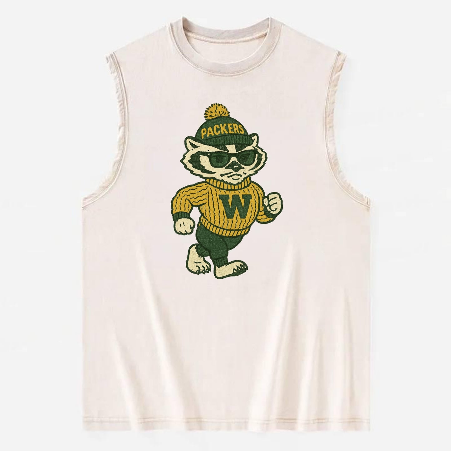 Wisconsin Badger wearing Packers green and gold beanie with pom pom and - Vintage Washed Tank - Beige