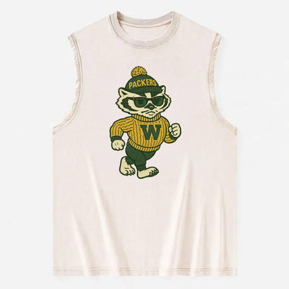 Wisconsin Badger wearing Packers green and gold beanie with pom pom and - Vintage Washed Tank - Beige