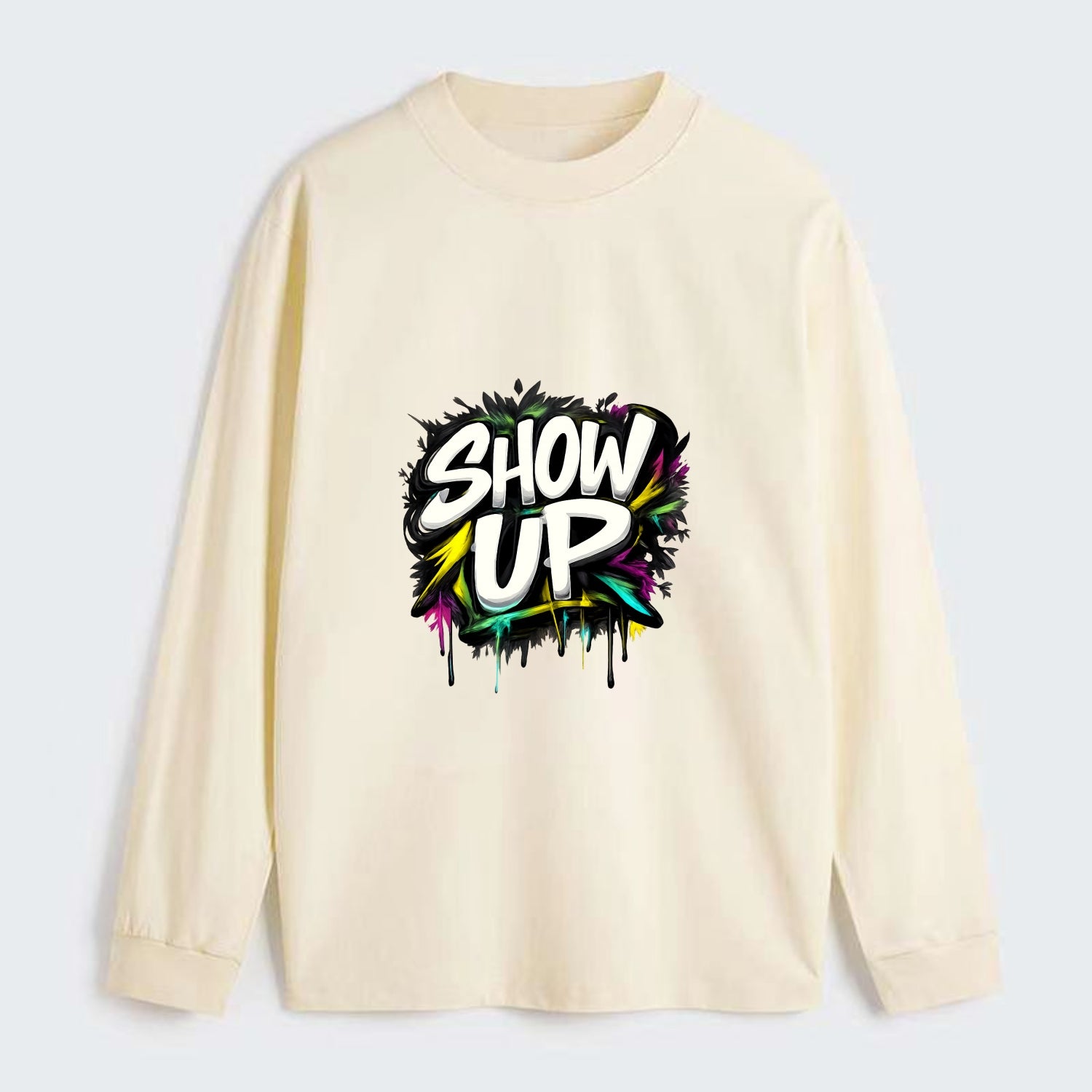 Bold typography design - "SHOW UP" - be present, arrive ready - Classic Long Sleeve Shirt - Beige