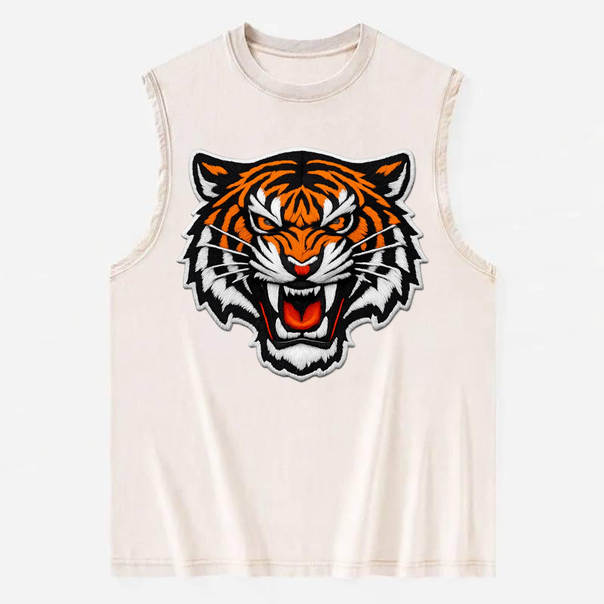 TIGER STRIPES FACE - fierce tiger face in orange, black and white , predator - Vintage Washed Tank - Beige
