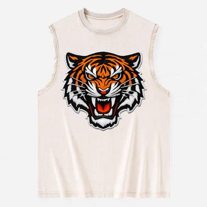 TIGER STRIPES FACE - fierce tiger face in orange, black and white , predator - Vintage Washed Tank - Beige