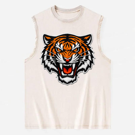 TIGER STRIPES FACE - fierce tiger face in orange, black and white , predator - Vintage Washed Tank - Beige