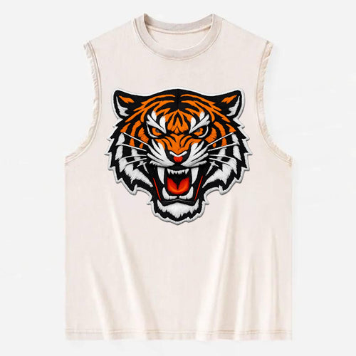 TIGER STRIPES FACE - fierce tiger face in orange, black and white , predator - Vintage Washed Tank
