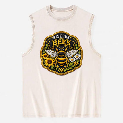 SAVE THE BEES - bee with flowers in yellow , pollinator protection - Vintage Washed Tank - Beige