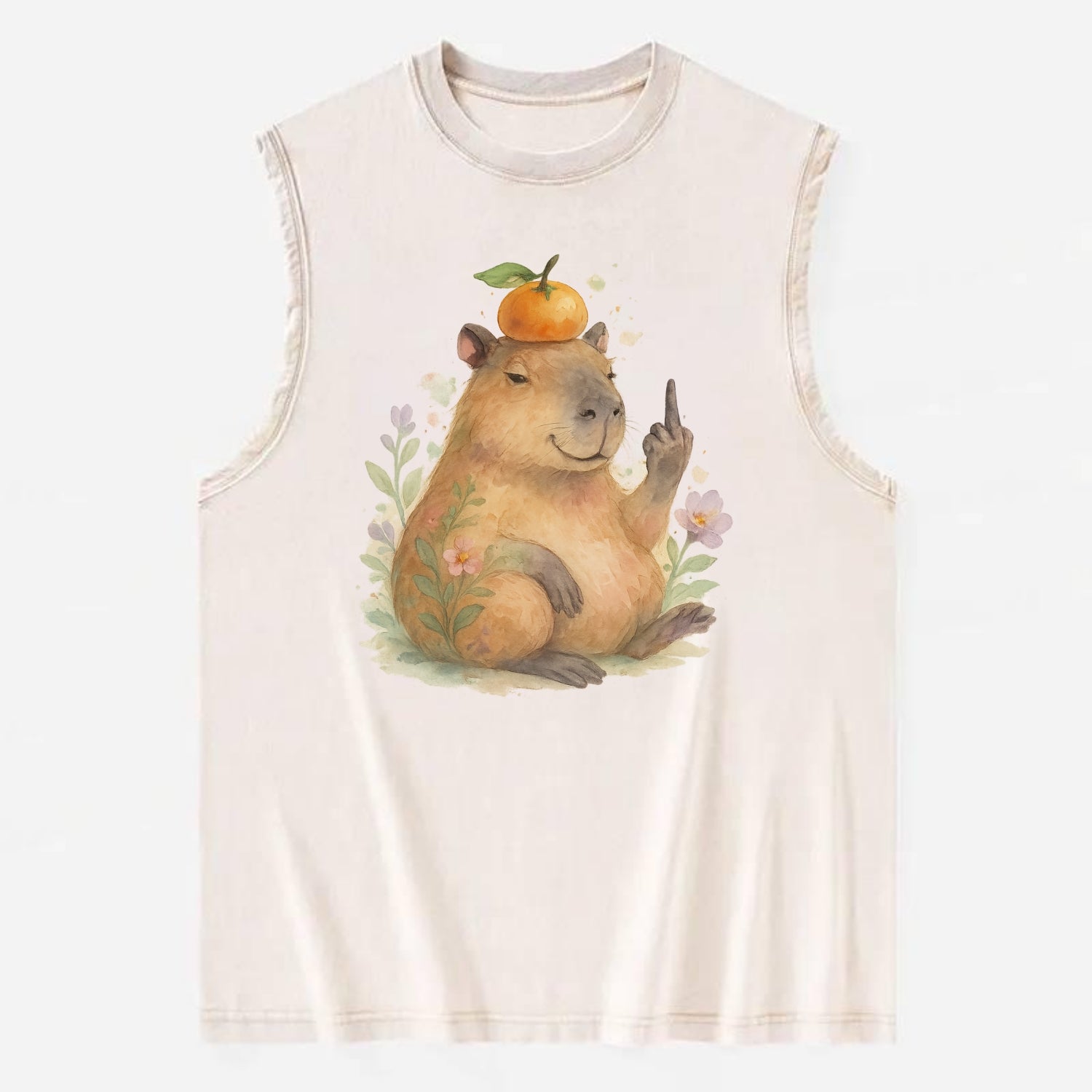 chonky capybara relaxing with orange on head, one webbed middle finger up - Vintage Washed Tank - Beige