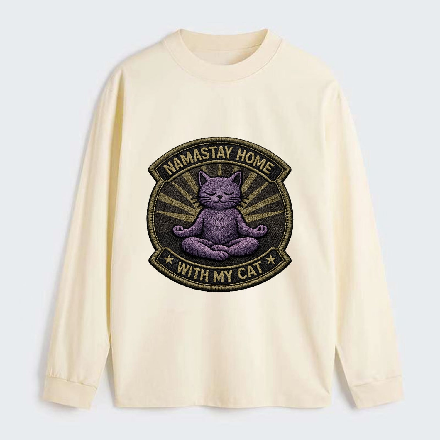 NAMASTAY HOME WITH MY CAT - yoga cat in purple , introvert cat - Classic Long Sleeve Shirt - Beige