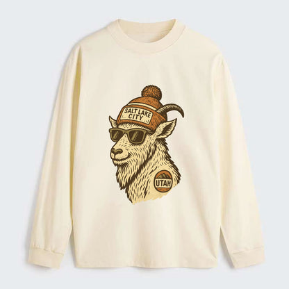 Utah Mountain Goat wearing Salt Lake City beanie with pom pom and - Classic Long Sleeve Shirt - Beige