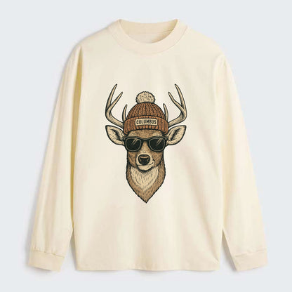 Ohio White-tailed Deer wearing Columbus beanie with pom pom and - Classic Long Sleeve Shirt - Beige
