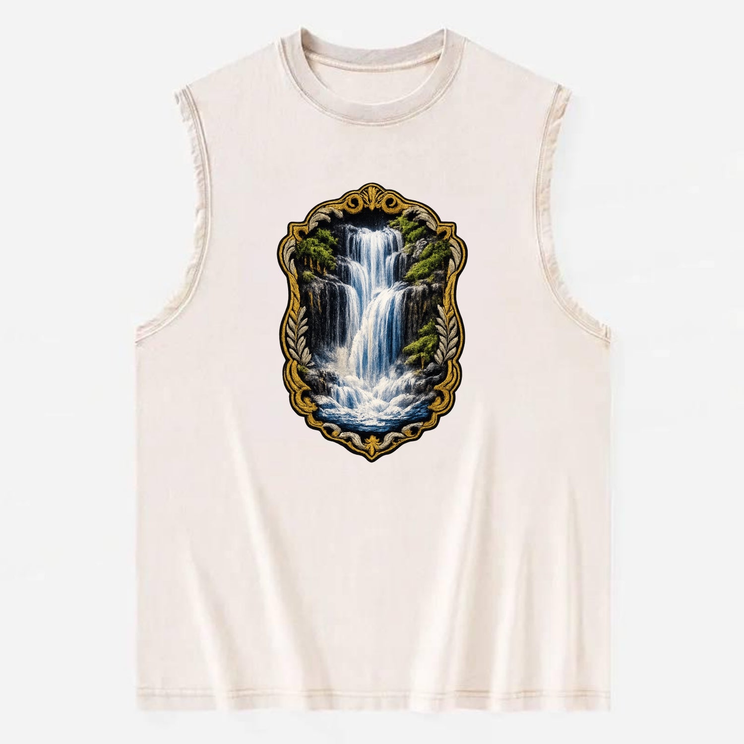 WATERFALL CASCADE - falling water with mist in blue and white , nature wonder - Vintage Washed Tank - Beige