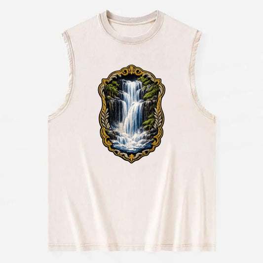 WATERFALL CASCADE - falling water with mist in blue and white , nature wonder - Vintage Washed Tank - Beige