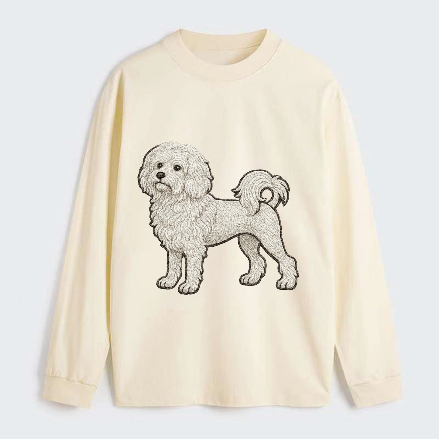 Löwchen - Little Lion Dog white embroidered pose - Classic Long Sleeve Shirt - Beige