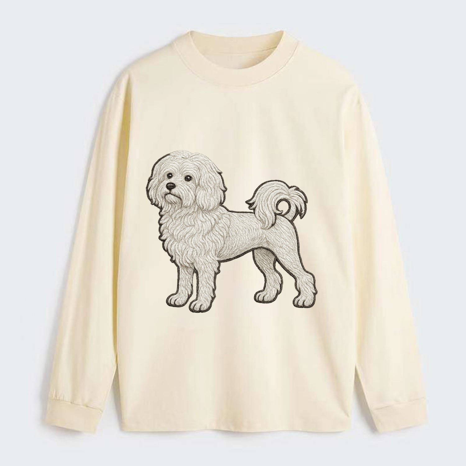 Löwchen - Little Lion Dog white embroidered pose - Classic Long Sleeve Shirt - Beige