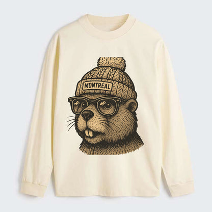 Montreal Beaver wearing Montreal beanie with pom pom and wayfarer - Classic Long Sleeve Shirt - Beige