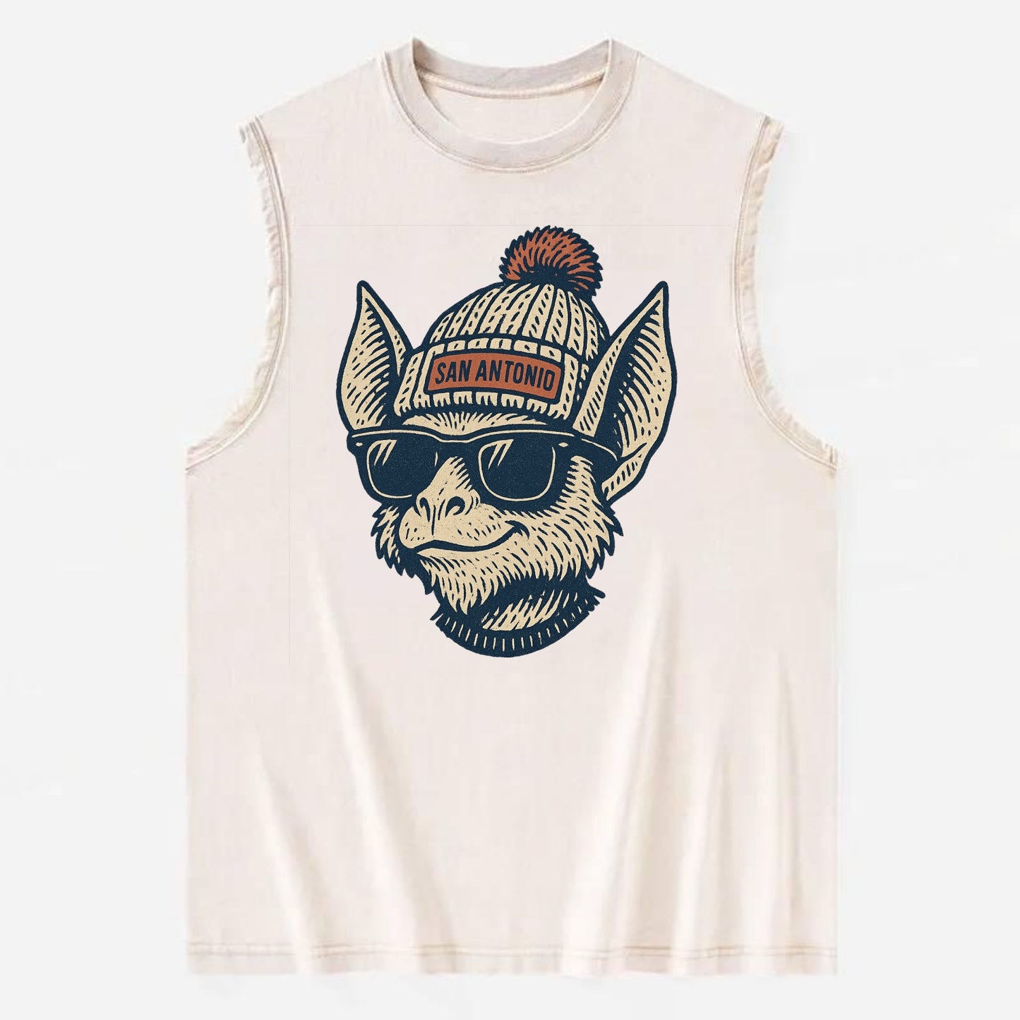 San Antonio Bat wearing San Antonio beanie with pom pom and wayfarer - Vintage Washed Tank - Beige