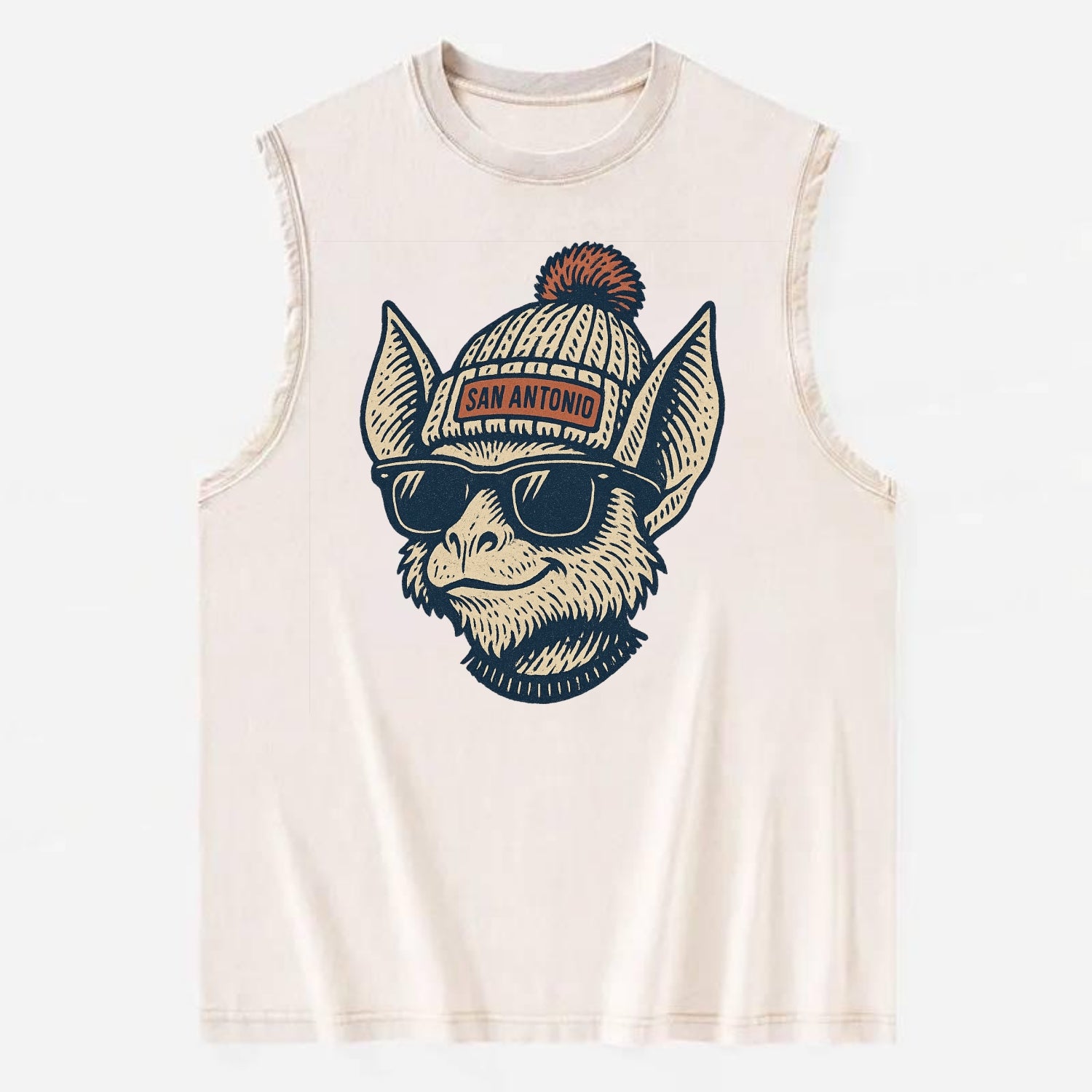San Antonio Bat wearing San Antonio beanie with pom pom and wayfarer - Vintage Washed Tank - Beige