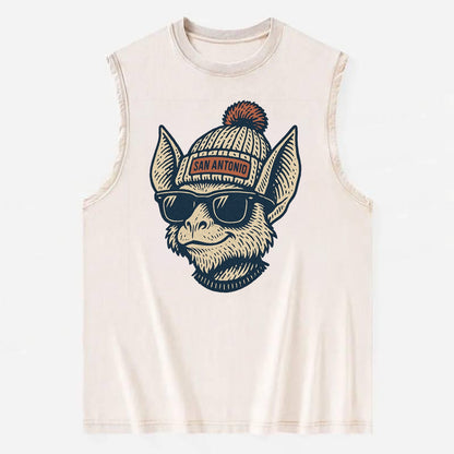 San Antonio Bat wearing San Antonio beanie with pom pom and wayfarer - Vintage Washed Tank - Beige