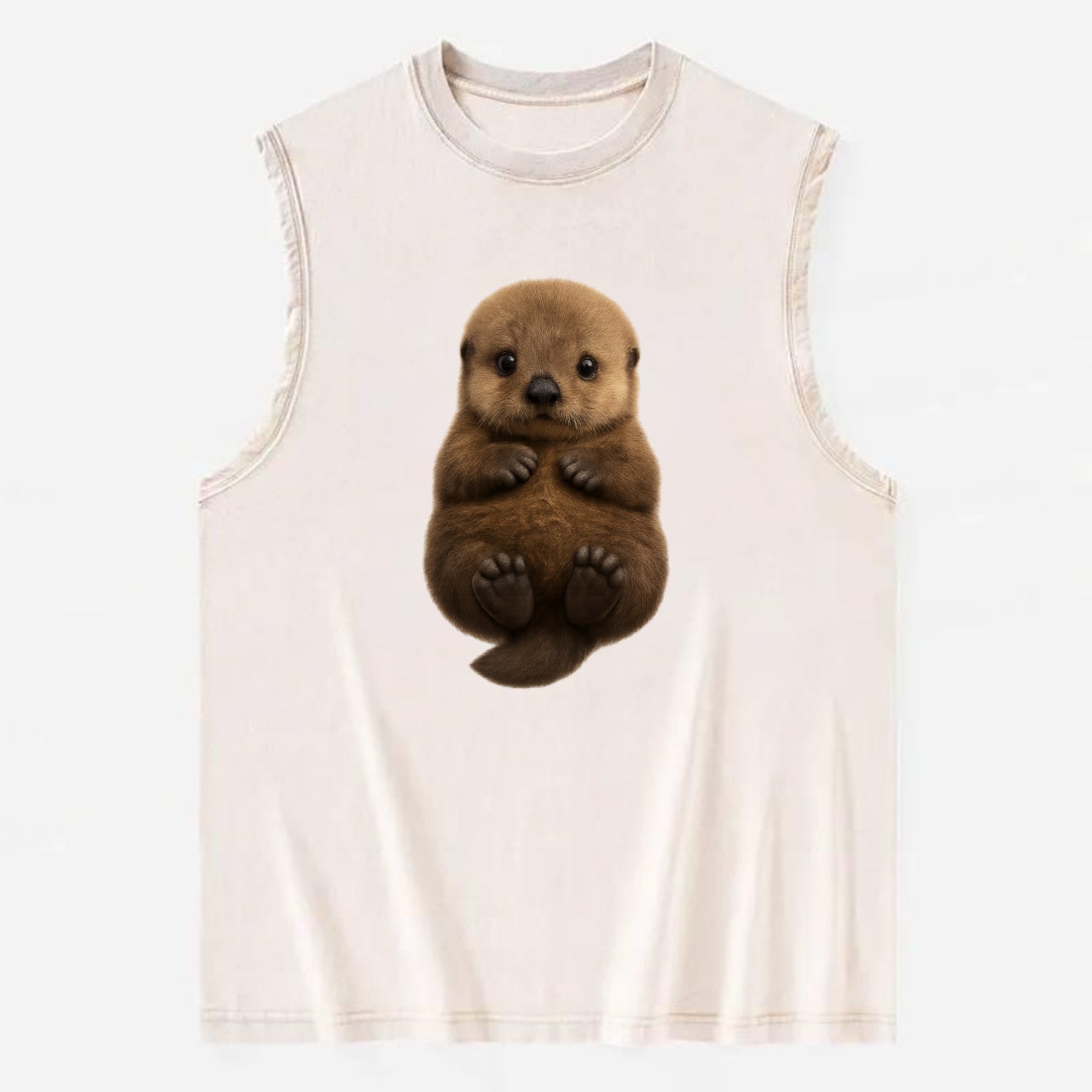 Baby Sea Otter - brown fluffy, floating on back, tiny paws, bright eyes, - Vintage Washed Tank - Beige