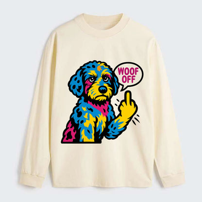 Aussiedoodle with merle patches and curly coat, playful smart paw raised - Classic Long Sleeve Shirt - Beige