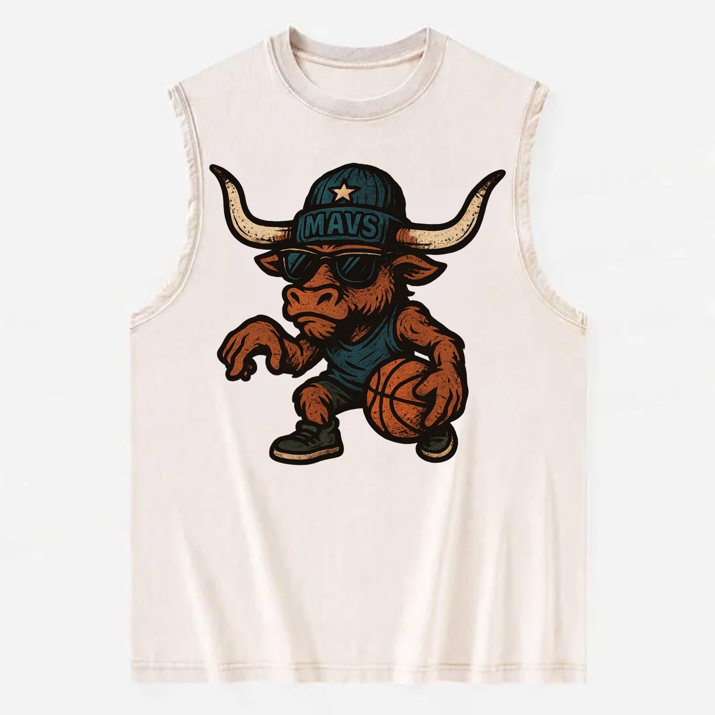 Texas Longhorn wearing Mavs beanie with lone star patch and wayfarer - Vintage Washed Tank - Beige