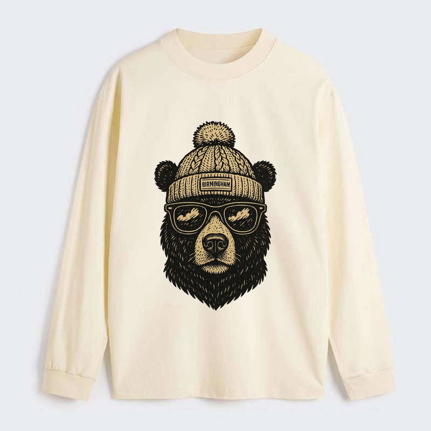 Alabama Black Bear wearing Birmingham beanie with pom pom and wayfarer - Classic Long Sleeve Shirt - Beige