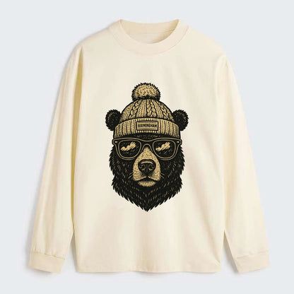 Alabama Black Bear wearing Birmingham beanie with pom pom and wayfarer - Classic Long Sleeve Shirt - Beige