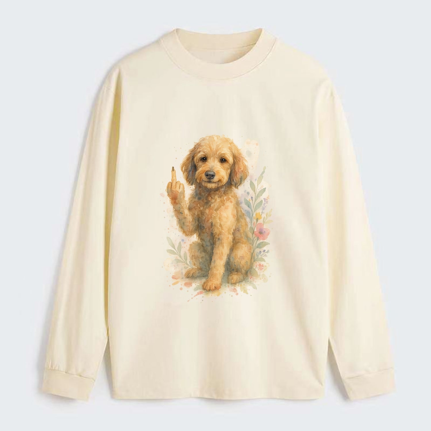Labradoodle hypoallergenic with wavy coat, intelligent eyes, paw raised - Classic Long Sleeve Shirt - Beige