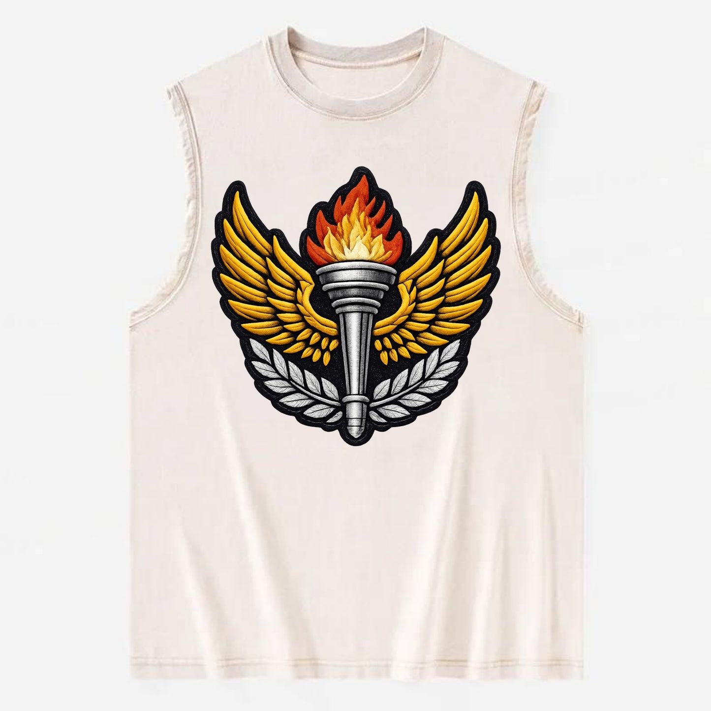 Embroidered patch design - TRACK AND FIELD TORCH - Olympic style torch with - Vintage Washed Tank - Beige
