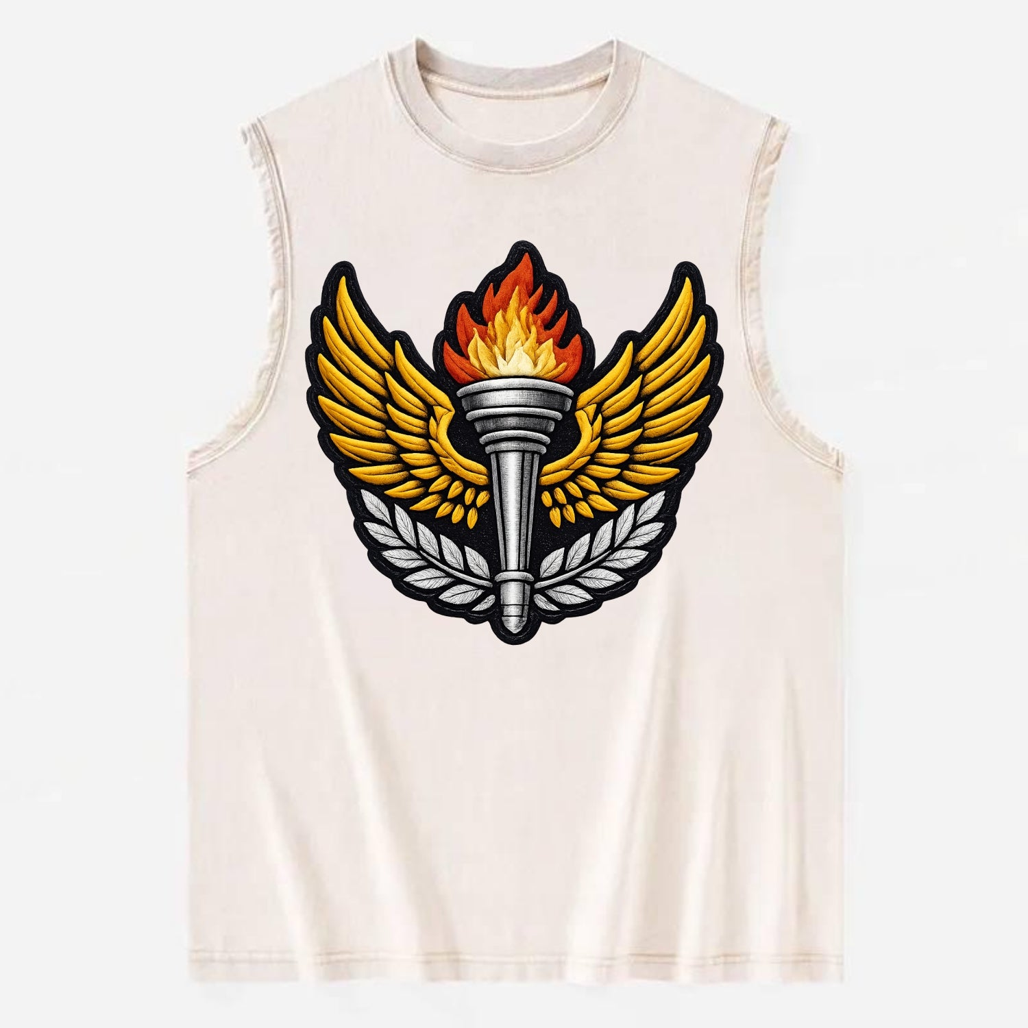 Embroidered patch design - TRACK AND FIELD TORCH - Olympic style torch with - Vintage Washed Tank - Beige