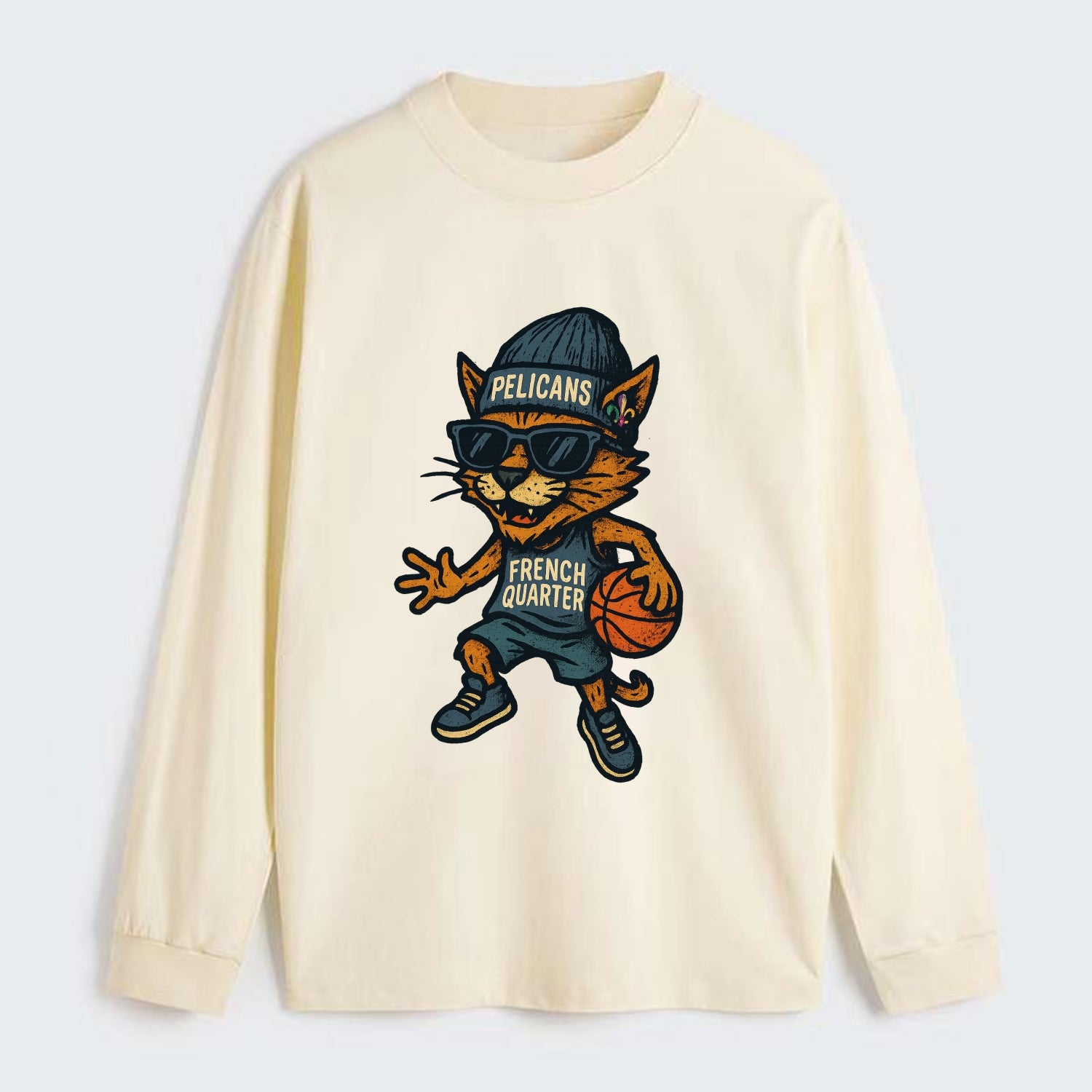 French Quarter Cat wearing Pelicans beanie with Mardi Gras patch and - Classic Long Sleeve Shirt - Beige