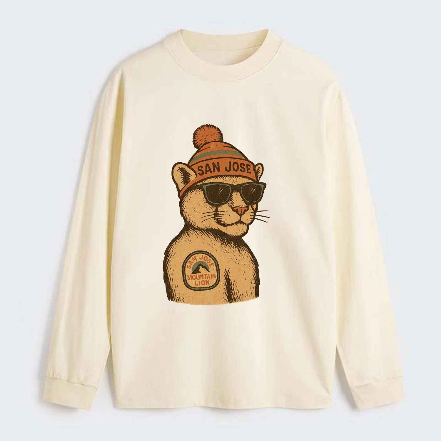 San Jose Mountain Lion wearing San Jose beanie with pom pom and - Classic Long Sleeve Shirt - Beige