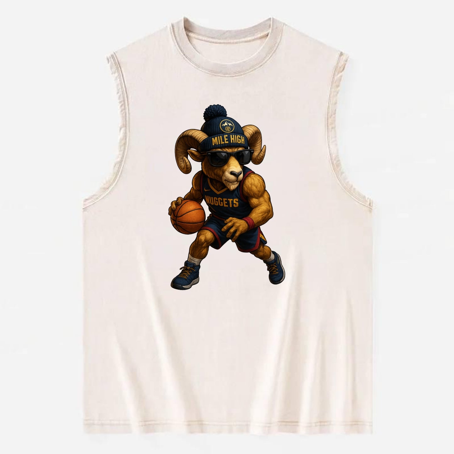 Mile High Bighorn wearing Nuggets beanie with mountain patch and wayfarer - Vintage Washed Tank - Beige