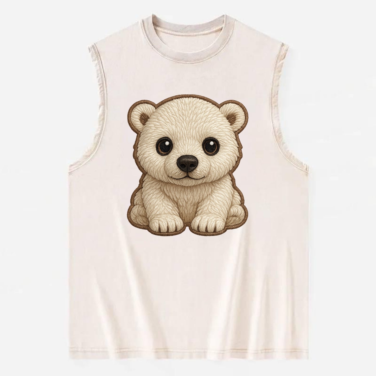 Baby Polar Bear Cub - white fluffy, black nose, dark curious eyes, - Vintage Washed Tank - Beige