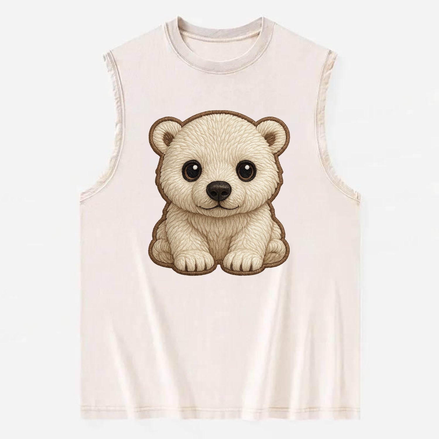 Baby Polar Bear Cub - white fluffy, black nose, dark curious eyes, - Vintage Washed Tank - Beige