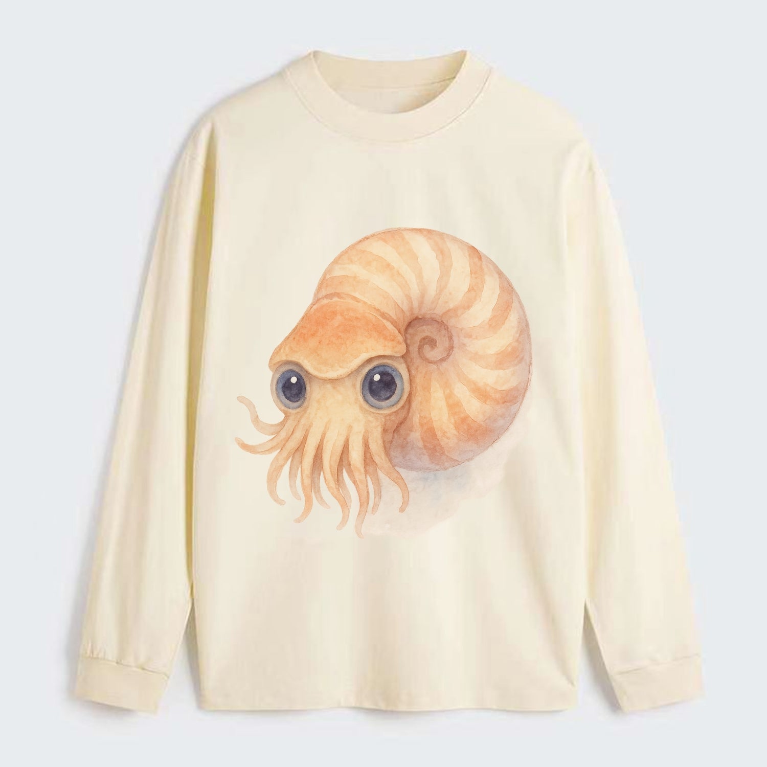 Baby Nautilus - spiral shell, tentacles peeking, ancient eyes, - Classic Long Sleeve Shirt - Beige