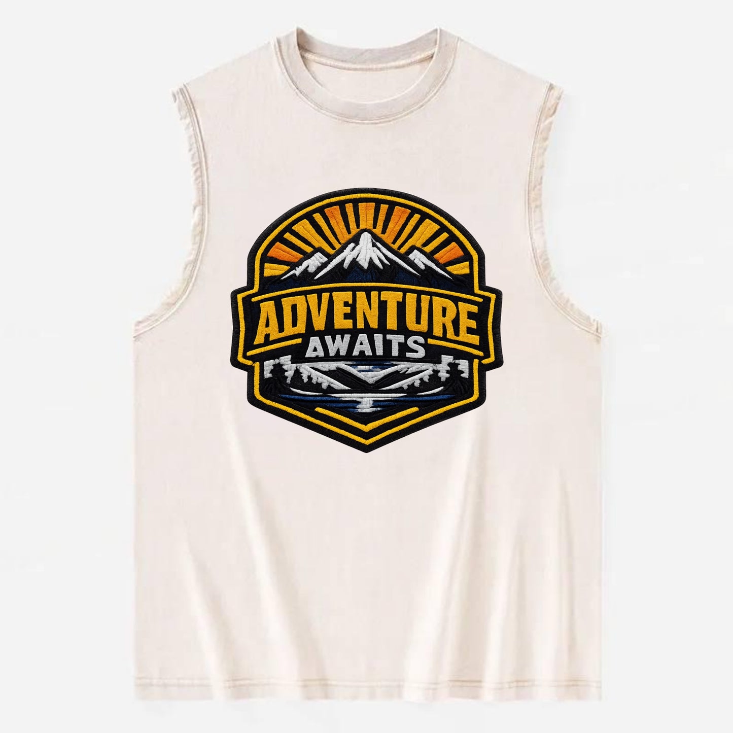 ADVENTURE AWAITS - mountain sunrise with text in gold and blue , wanderlust - Vintage Washed Tank - Beige