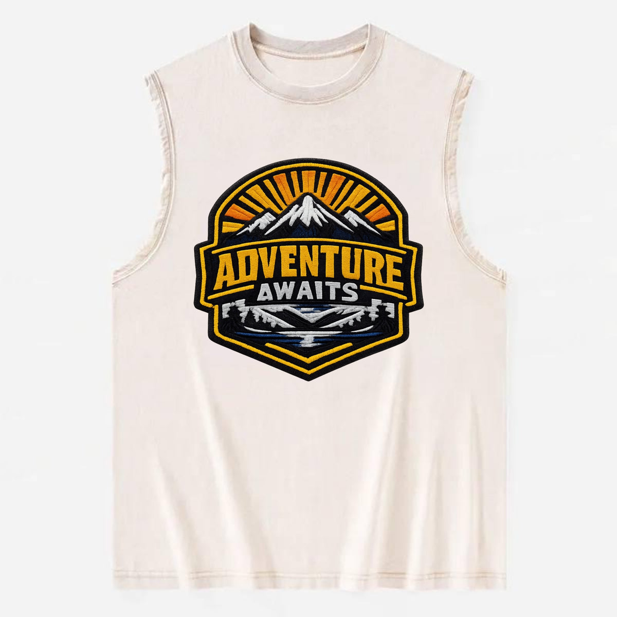 ADVENTURE AWAITS - mountain sunrise with text in gold and blue , wanderlust - Vintage Washed Tank - Beige