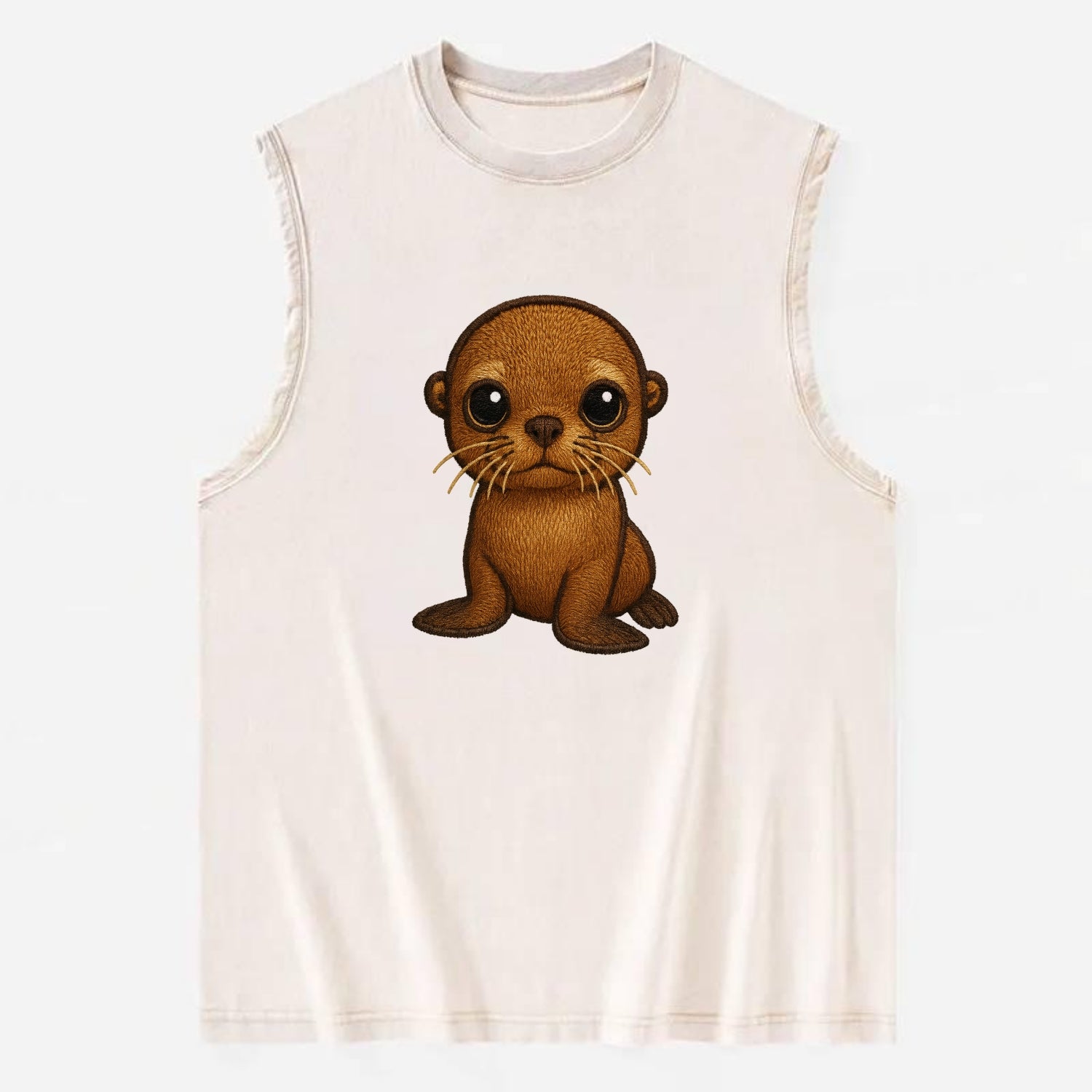 Baby California Sea Lion - golden brown, large expressive eyes, whiskers, - Vintage Washed Tank - Beige