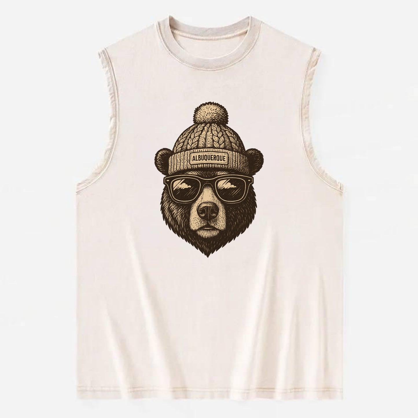New Mexico Black Bear wearing Albuquerque beanie with pom pom and wayfarer - Vintage Washed Tank - Beige
