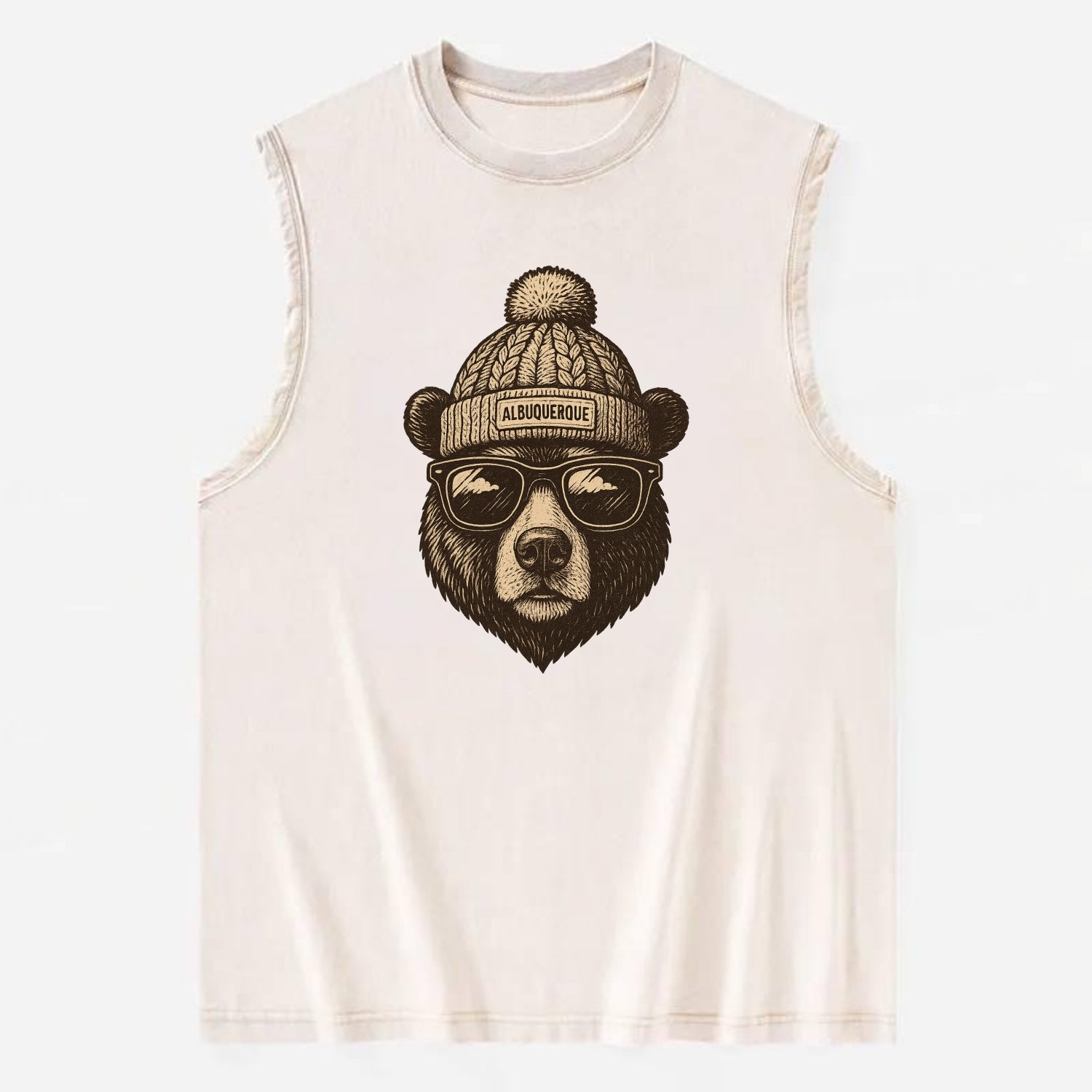 New Mexico Black Bear wearing Albuquerque beanie with pom pom and wayfarer - Vintage Washed Tank - Beige