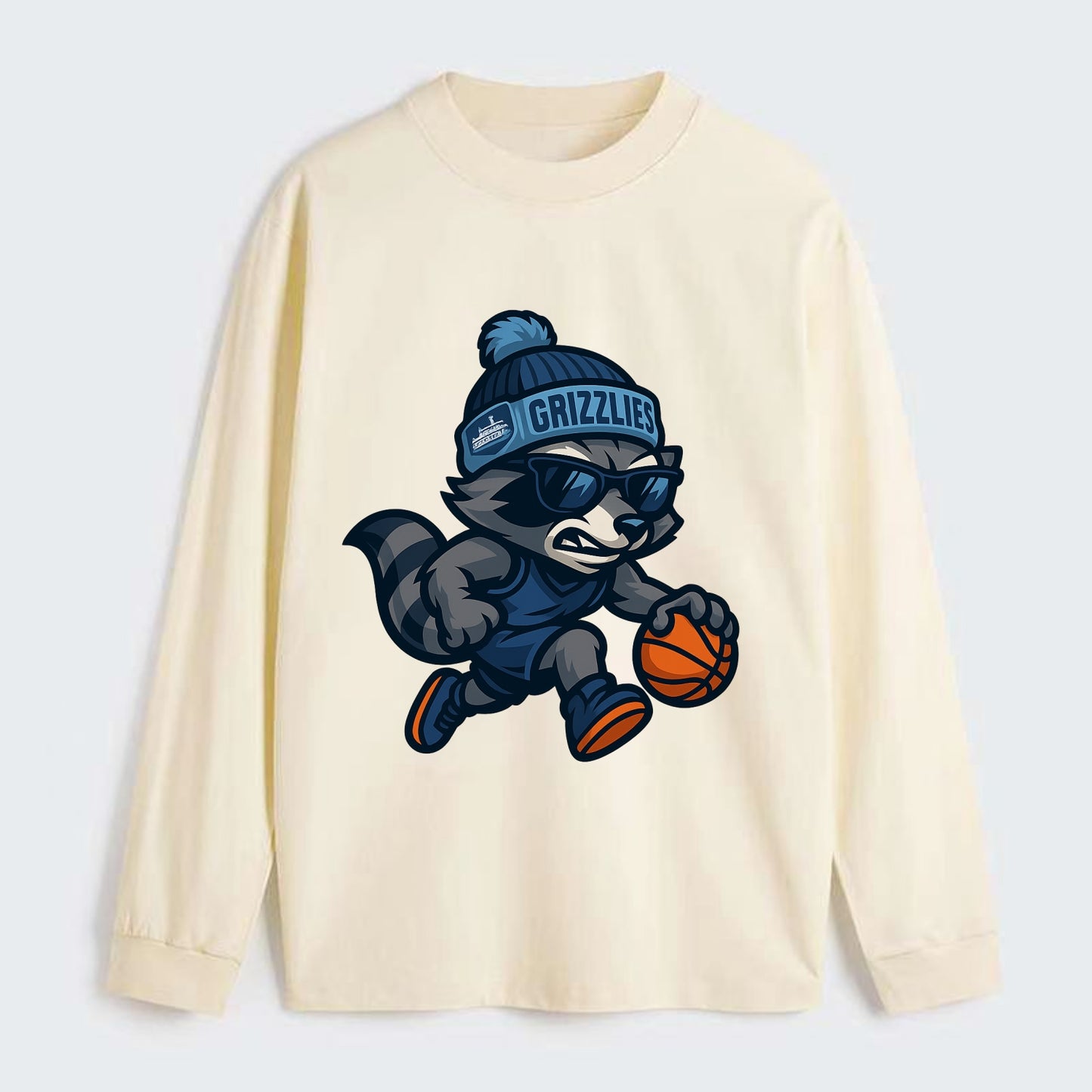 Memphis Raccoon wearing Grizzlies beanie with riverboat patch and - Classic Long Sleeve Shirt - Beige