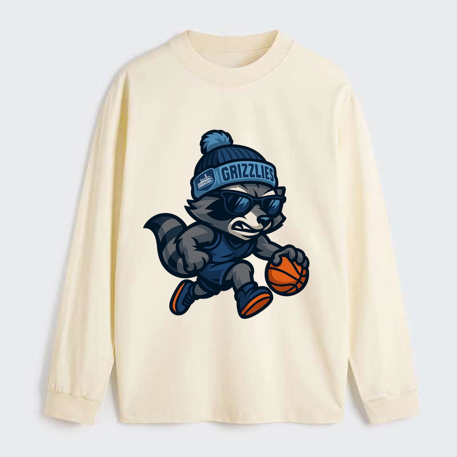 Memphis Raccoon wearing Grizzlies beanie with riverboat patch and - Classic Long Sleeve Shirt - Beige