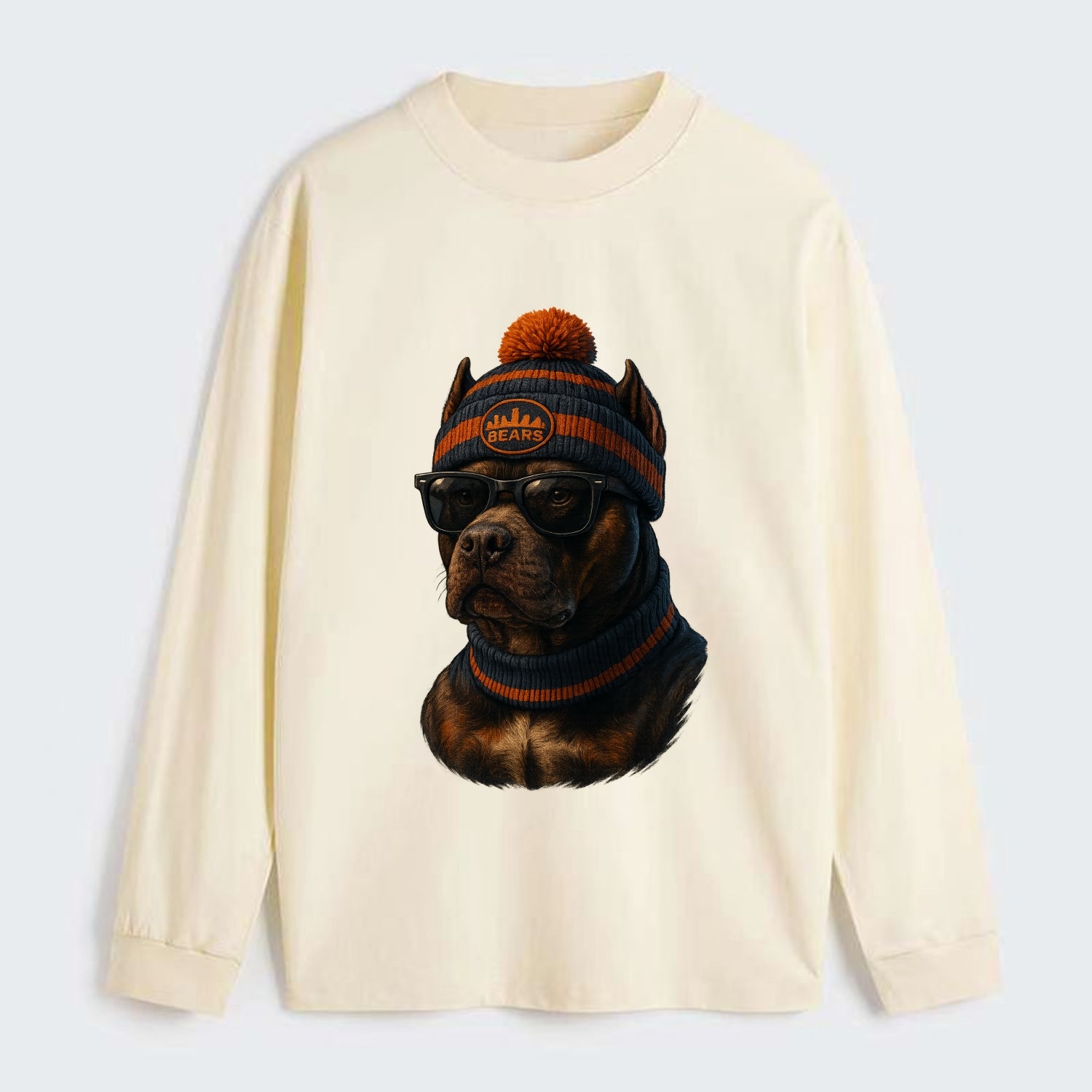 Chicago Pitbull wearing Bears beanie with skyline patch and wayfarer - Classic Long Sleeve Shirt - Beige