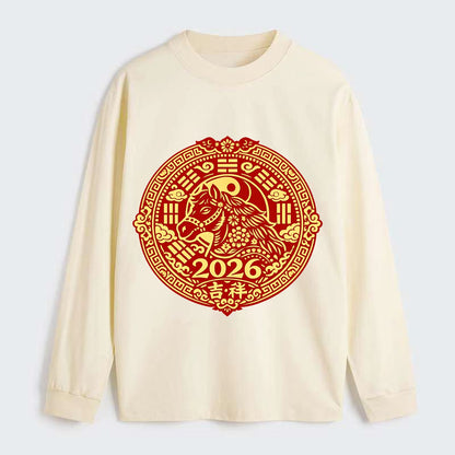 LUCKY HORSE MEDALLION | Circular medallion with horse profile | - Classic Long Sleeve Shirt - Beige