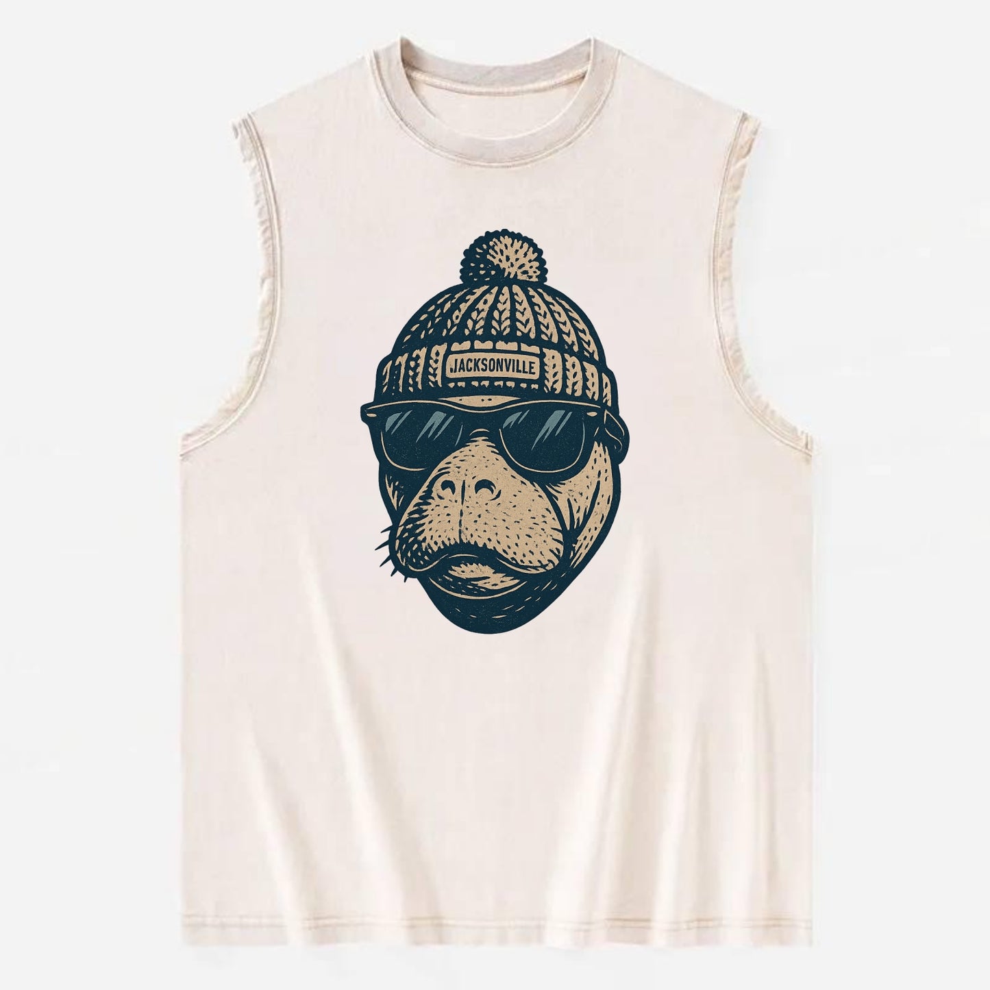 Jacksonville Manatee wearing Jacksonville beanie with pom pom and wayfarer - Vintage Washed Tank - Beige