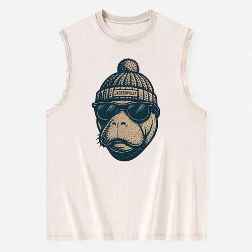 Jacksonville Manatee wearing Jacksonville beanie with pom pom and wayfarer - Vintage Washed Tank