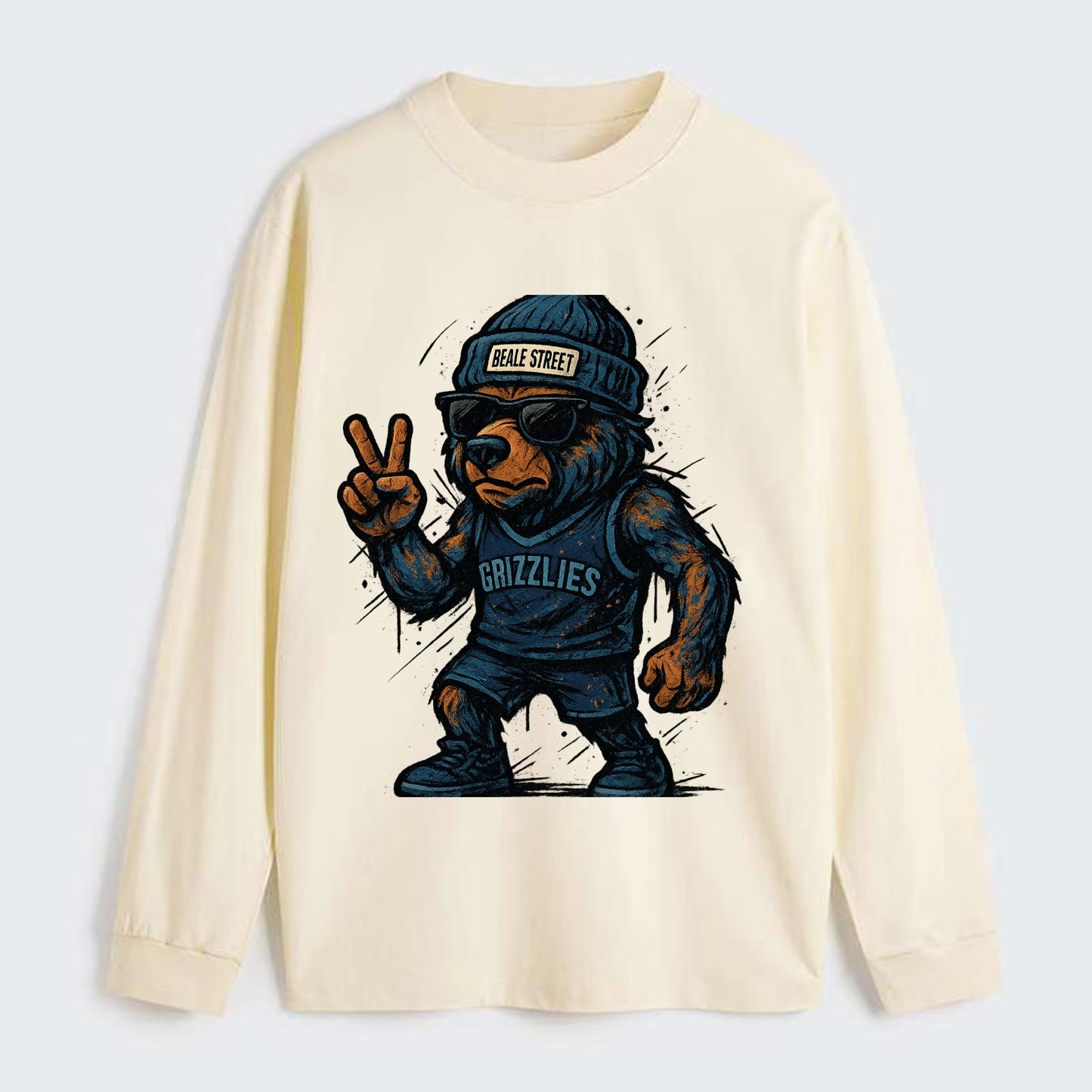 Memphis Grizzly Bear wearing Grizzlies navy and light blue beanie with - Classic Long Sleeve Shirt - Beige