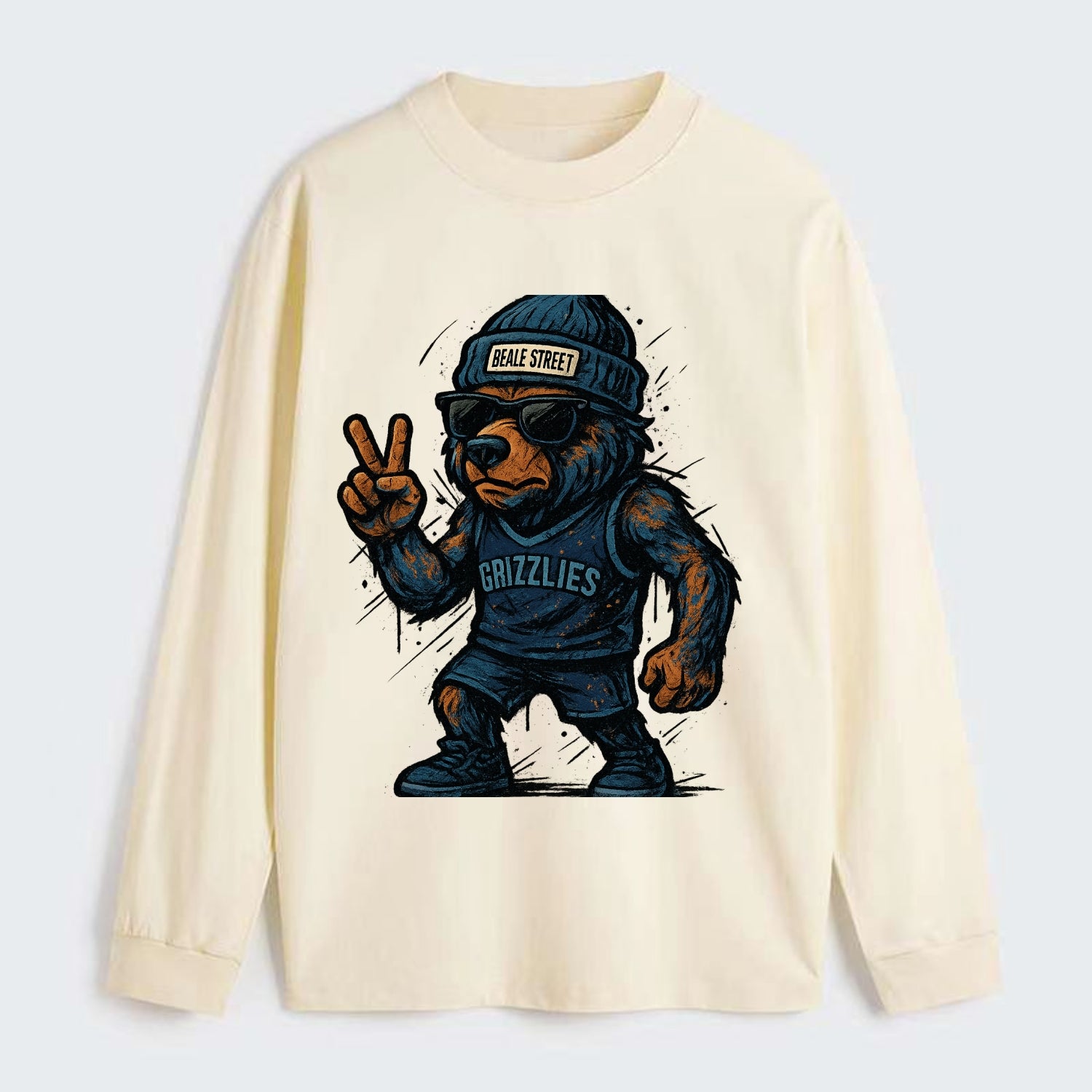 Memphis Grizzly Bear wearing Grizzlies navy and light blue beanie with - Classic Long Sleeve Shirt - Beige