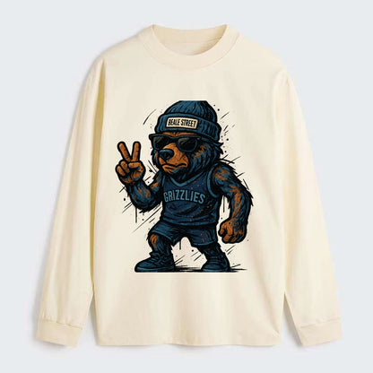Memphis Grizzly Bear wearing Grizzlies navy and light blue beanie with - Classic Long Sleeve Shirt - Beige
