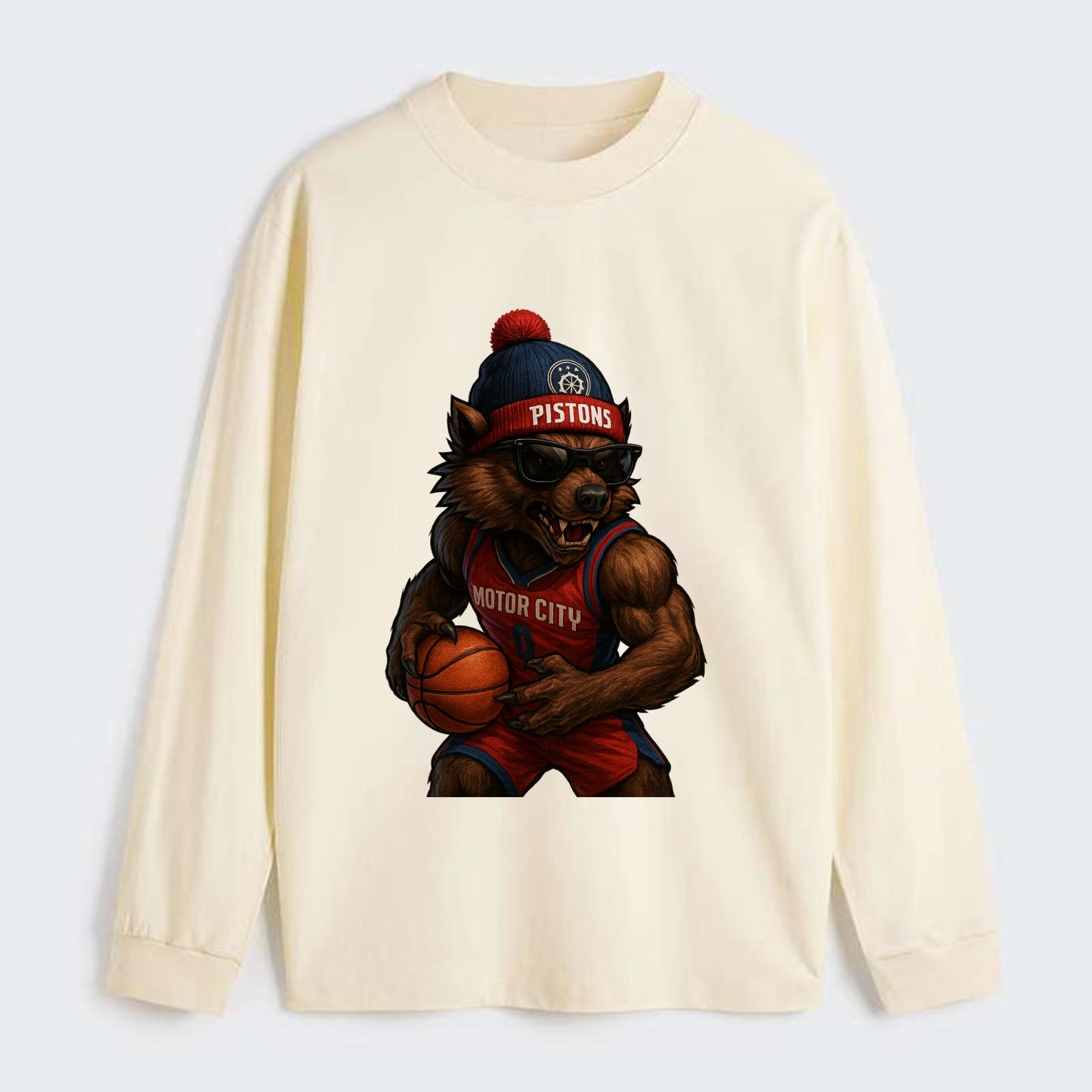 Motor City Wolverine wearing Pistons beanie with gear patch and - Classic Long Sleeve Shirt - Beige