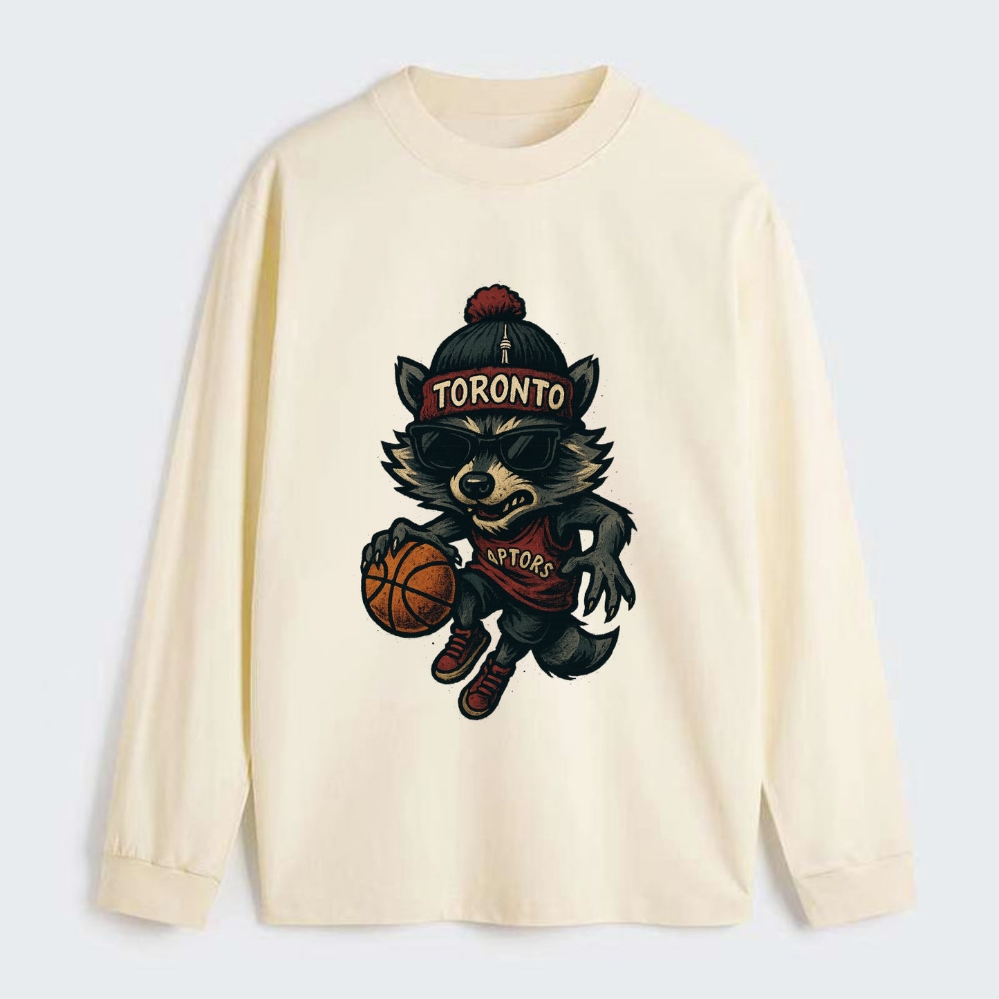 Toronto Raccoon wearing Raptors beanie with CN Tower patch and wayfarer - Classic Long Sleeve Shirt - Beige